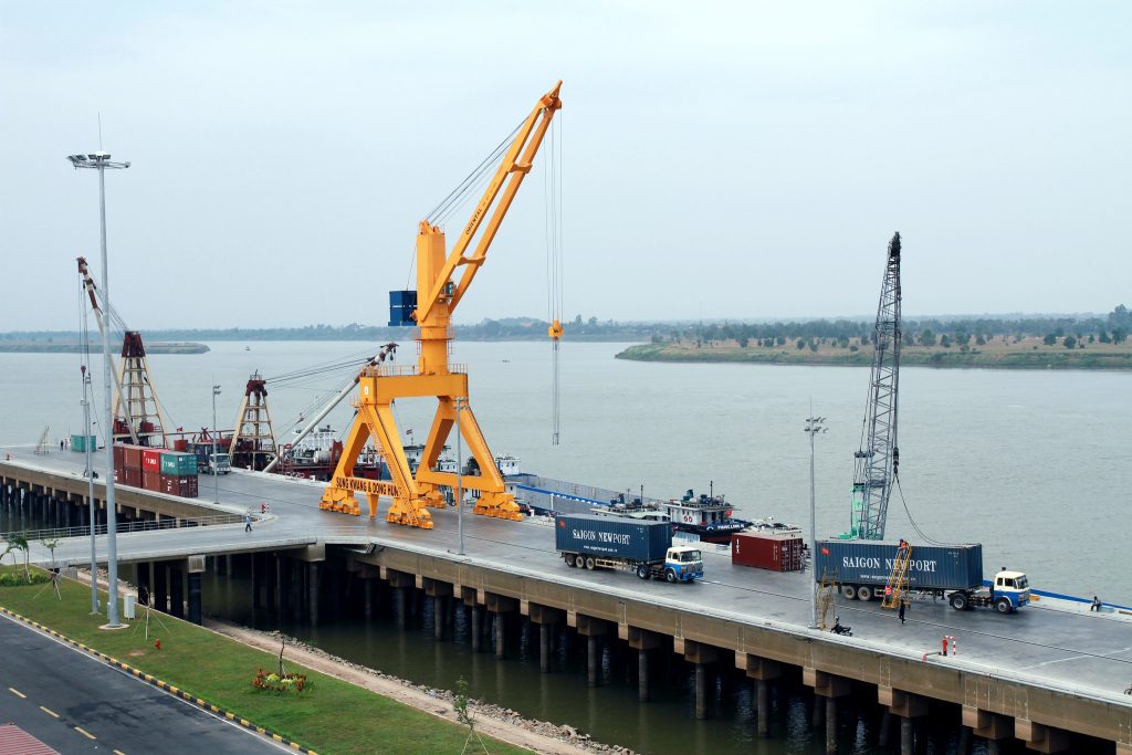 Products from Vietnam arrive at the Phnom Penh Autonomous port in Kandal province.