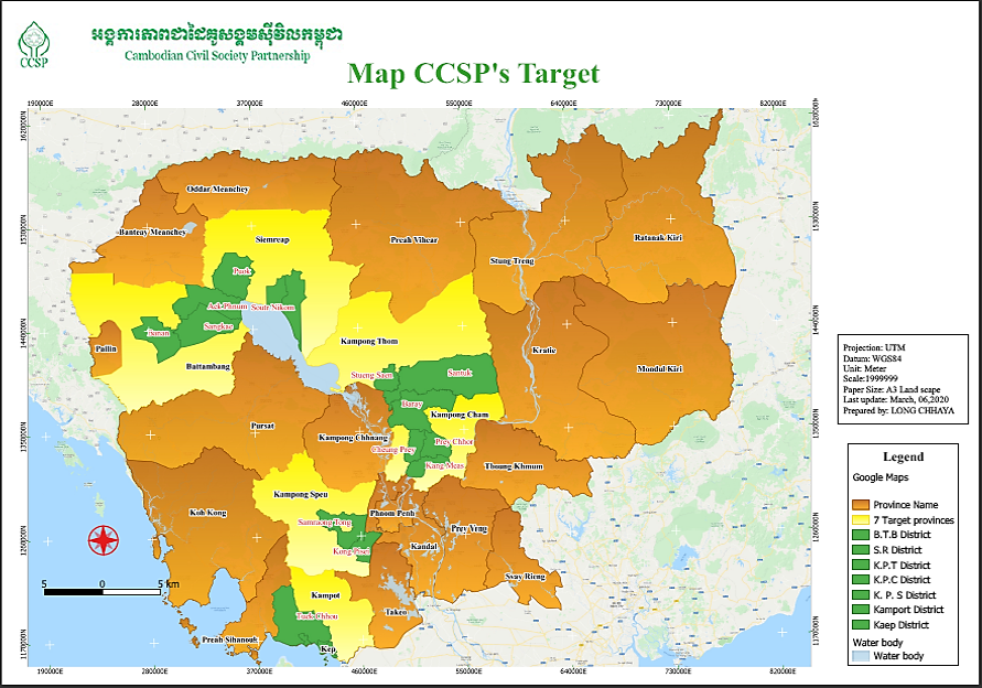 Map of the target areas of the Cambodia Civil Society Partnership (CCSP) Organization, produced by a GIS trainee, Ms. Long Chhaya, CCSP Program Officer.[
